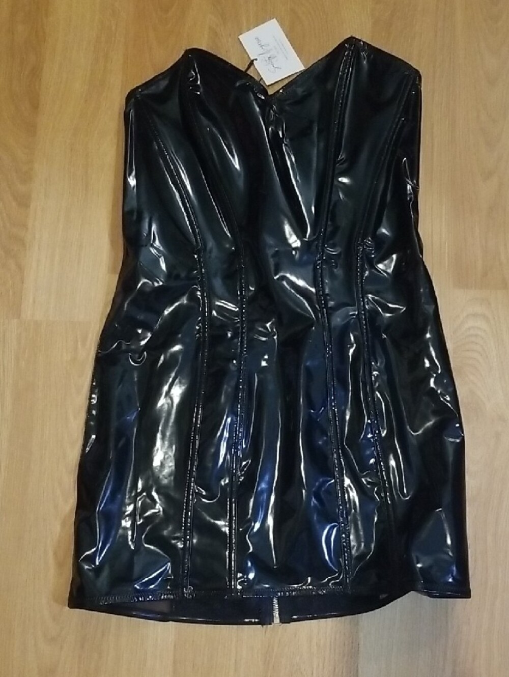 Black Patent Mini Dress - Strapless Shine With Mesh Side Panels